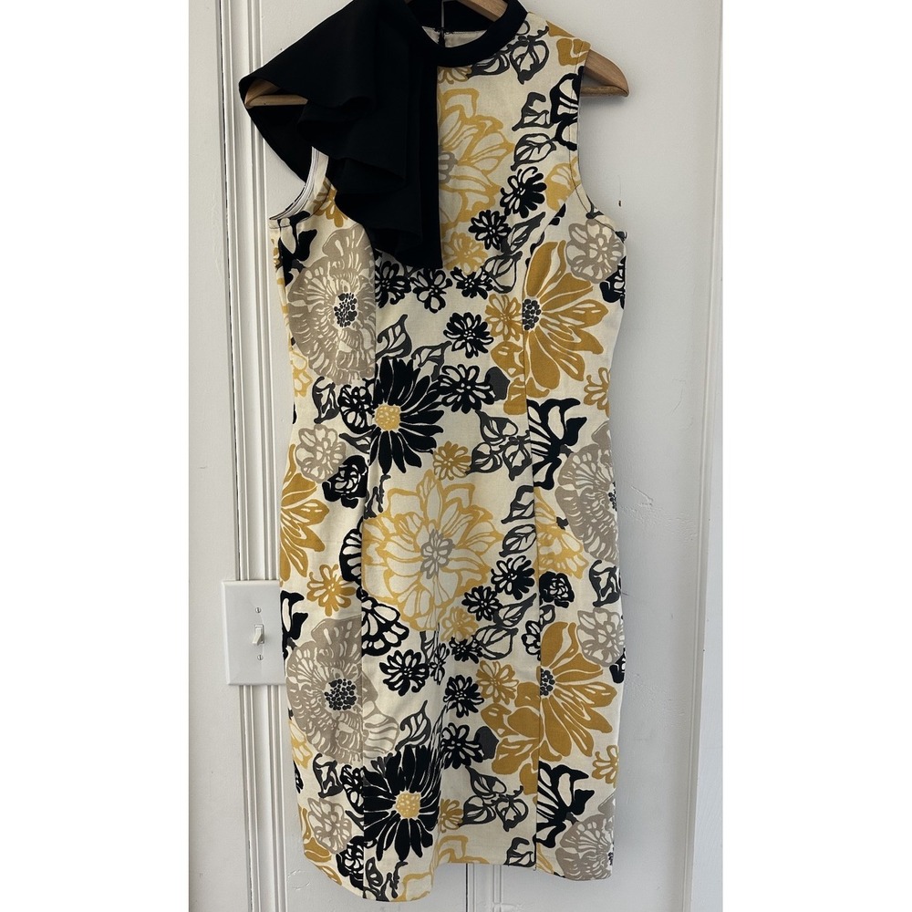 Floral Ruffle Shoulder Sheath Dress Women's Small Black Mustard Ivory - Picture 2 of 7